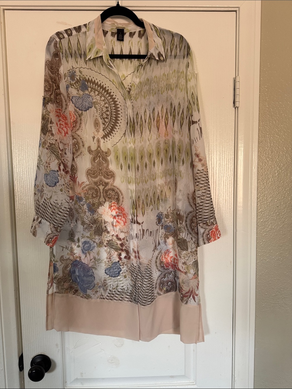 Black Label Long Sleeve Floral & Paisley Print Tunic in Beige, Blue, Olive